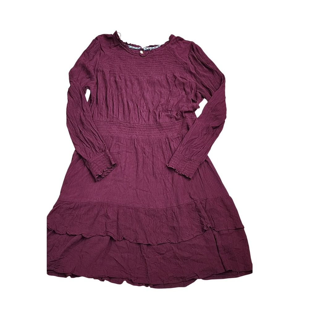 Knox Rose Smocked Waist‎ Ruffle Hem Long Sleeve Burgundy Tiered Dress Boho XXL